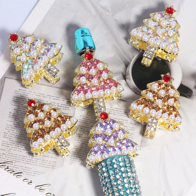 Wholesale 5pcs/pack Alloy Pearl Rhinestone Christmas Tree DIY  Straight Hole Beads